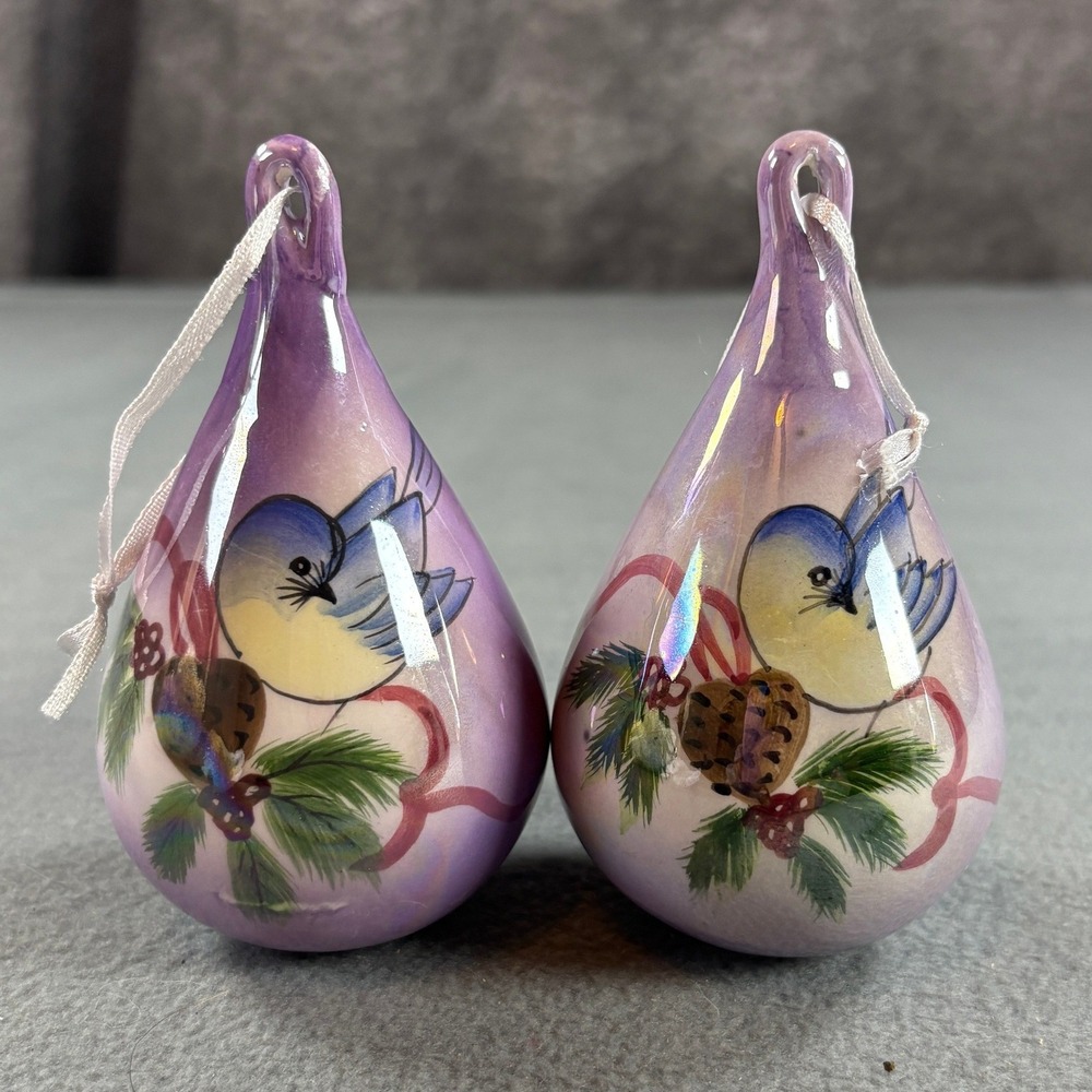 Vintage Ceramic Bluebird Christmas Ornaments Iridescent Purple Teardrop Set 2